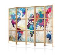 murando - Paravent Intérieur Japonais 225x172 cm - Séparateur de Pièce en Bois Naturel et Toile Imprimée - Paravent Oriental Portable et Pliable - Carte du Monde Abstraite Colorée k-A-0179-bh-b