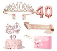 MURISE Décoration pour 40e anniversaire femme, couronne et bandeau or rose pailleté, décoration gâteau et bougies, ballon or rose 40, cadeau d'anniversaire pour 40 ans femme