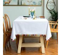 Musihy Nappe Mariage Blanche, 100 x 140 cm Nappes en Coton Lin Couleur Unie avec Pompon Boules colorées Nappe Anti-tâche Protection de Table pour Salle à Mangerr, Jardin, Blanc