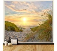 Musihy Paysage marin Papier Peint Support Mural, 260 x 240 cm Scène Coucher de Soleil en Mer Tapisserie Murale pour Salon, Maison, Chambre, Décoration Murale, Jaune Vert Beige