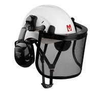 MUSTBAU Casque de sécurité Set de protection - EN397 avec protections d'oreilles et visière en filet - Arceau réglable de 53 à 63 cm - Idéal pour la sylviculture, les chantiers et les prestations de s