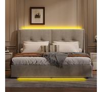 Mutuolux Lit avec Sommier LED,Lit Coffre de Rangement à Lattes en Bois,Hydraulique Cadre de Lits Double Rembourré sous 2 Personnes pour Adultes et Adolescents(Beige, 140x200 cm)