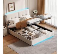 Mutuolux Lit Coffre 140x200 cm avec LED,Lit avec Sommier de Rangement à Lattes en Bois,Hydraulique Cadre de Lits Double Rembourré sous 2 Personnes pour Adultes et Adolescents