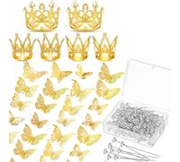 Muuoeou Décoration de couronne de 166 pièces pour bouquet de fleurs avec 6 décorations de gâteau couronne, 100 épingles, 60 papillons dorés