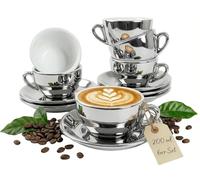 MUVELL Lot de 6 tasses à cappuccino, argentées, chromées, style italien, à paroi épaisse et lourde, avec soucoupes, coffret cadeau