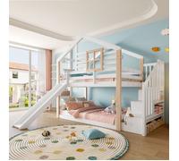 Muvoe Lit superposé enfant avec Toboggan 90x200 cm -LumiNest- Lit cabane, Protection, Escalier de rangement, Sommier inclus, Blanc