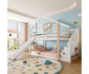 Muvoe Lit superposé enfant avec Toboggan 90x200 cm -LumiNest- Lit cabane, Protection, Escalier de rangement, Sommier inclus, Blanc