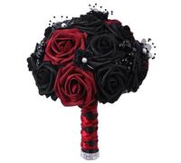Muzrunq Bouquet de Roses Noires artificielles de 24, 9 cm, Bouquet mariée Gothique, Roses Rouges et Noires pour Demoiselle d'honneur, Mariage, fiançailles