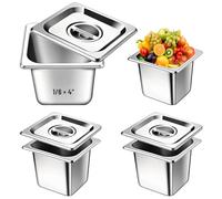 Mvellir Lot de 4 Bacs Gastro Inox GN 1/6, 17,6 x 16,2 x 10 cm, Plat Inox avec Couvercle, Bac Empilable Gastronorm, Idéal pour Escalope, Viande, Poisson, Fruits, Glace, Sauce