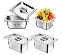 Mvellir Lot de 4 Bacs Gastro Inox GN 1/9, 17,6 x 10,8 x 10 cm, Plat Inox avec Couvercle, Bac Empilable Gastronorm, Idéal pour Escalope, Viande, Poisson, Fruits, Glace, Sauce
