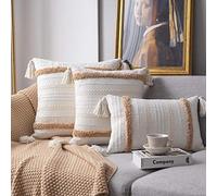 MWMG Coussins pour Canapé,Coussins Vintage Beige avec des Glands Taie d'oreiller en Coton Extérieur Maroc Marron Tufté Nordique 45X45Cm Taies d'oreiller pour Canapé Chambre Salon, 50X50Cm