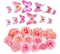MWOOT 26 Pieces Fleurs Artificielles Papillons 3D, Têtes de Fleurs Rose Œillet Artificielles, Petite Fausse Fleur Deco pour DIY Gâteau Bouquet Couronne Mariage Fête Maison Jardin Artisanat(Rose)