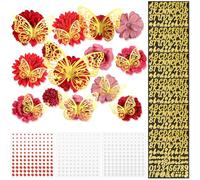 MWOOT 34 Pieces Fleurs Artificielles Papillons 3D Doré Lettre Autocollantes à Paillettes, Têtes de Fleurs Artificielles, Petite Fausse Fleur Rouge Deco pour DIY Gâteau Couronne Mariage Fête Artisanat