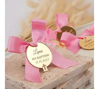 MXN Lot de 30 étiquettes miroir personnalisées en acrylique pour baptême, décoration de baptême de bébé avec croix pour première communion, célébration religieuse