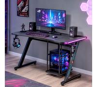MY SIT Bureau Gaming Table Gizmo Ordinateur LED Lumières - Support pour Casque Support pour PC et Porte-gobelet - Gestion des Câbles - Bureau de Jeu Table de Bureau Gaming Desk en Noir