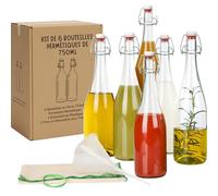 myFERMENTS Kit 6 Bouteilles 750ml en Verre Épais avec Bouchon Mécanique Hermétique | Set Complet Fermentation Bière Kombucha Kéfir Huile | Entonnoir 10cm, Tissu 50x50cm, Joint Porcelaine