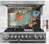 Myphotostation Dosseret de cuisine en mosaïque en verre trempé avec motif poisson coloré 76,2 x 61 cm, crédence en verre trempé pour cuisine, protection murale de cuisinière, panneau mural de