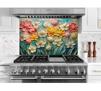 Myphotostation Dosseret en verre trempé teinté floral coloré pour cuisine, protection murale de cuisinière, planche à découper, panneau mural de cuisinière, couverture arrière de cuisinière 76,2 x