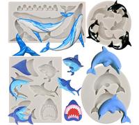 MYPRACS Lot de 4 moules à fondant en silicone motif requin baleine dauphin | Moules à chocolat en forme de queue de poisson pour décoration de gâteaux, pâte à sucre, pâte polymère