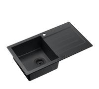 myQ Évier en granit | Dimensions : 77 x 44 x 18,5 cm, couleur : noir | Paris 11 Évier de cuisine simple avec égouttoir et siphon manuel | pour armoires à partir de 50 cm