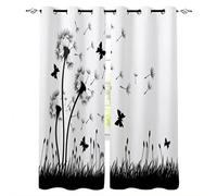 MYQF Rideau Occultant Thermiques Papillon Pissenlit Noir et Blanc Rideau Design Moderne Rideaux à Oeillets Isolation Thermique pour Chambre Salon Maison Bureau Décoration 150x166cm 75x166cm x2