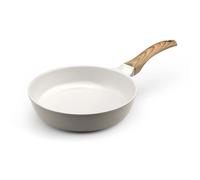 Cuisinox - Mythic - Poêle 24 cm avec revêtement en céramique blanche - Poignée Fixe Soft Touch effet bois - Sans PFOA et PFAS - Coloris Blanc et Gris