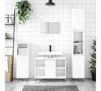 mzdioop Armoire de salle de bain en bois blanc brillant avec 80 x 33 x 60 cm, 1 porte, 4 compartiments ouverts, pieds en fer, montage flexible, espace de rangement pour salle de bain, WC d'invités