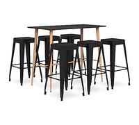 mzdioop Ensemble de bar 7 pièces noir avec plateau en MDF et tabourets de bar en métal, 120 x 60 x 105 cm, table de comptoir, 6 tabourets de bar empilables, peu encombrant, idéal pour la salle à