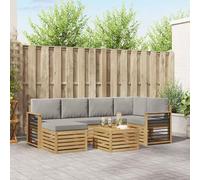 mzdioop Ensemble de canapé d'extérieur 7 pièces en polyester blanc gris clair avec bois d'acacia, modulaire, pour jardin, terrasse, balcon, ensemble complet avec coussins et accoudoirs