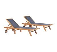 mzdioop Lot de 2 chaises longues pliantes en teck avec tissu textilène, dossier réglable en 5 positions, résistant aux intempéries, avec roulettes et poignée pour jardin, terrasse, piscine