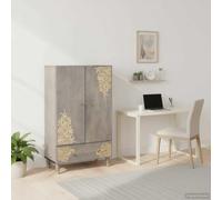 mzdioop Meuble haut gris et doré en bois de manguier massif 60 x 33 x 100 cm avec poignées en laiton et espace de rangement, buffet moderne avec portes et tiroir pour salon, rangement multimédia et
