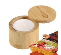 Naapesi Boîte à Sel en Bambou, Naturel Pot a Sel avec Cuillère Intégrée, Boîte à Poivre et Sel Ronde, avec Couvercle Magnétique Pivotant, pour Stocker Sels, Poivre, Thé, Sucre (9x9x7cm)
