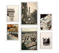 Nacnic Ensemble de 6 affiches Paris vintage. Impressions d'art mural esthétiques pour conception de chambre à coucher ou de salon. Tailles A3 et A4. Avec cadre blanc.