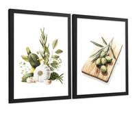 Nacnic Lot De 2 Affiches Cuisine Méditerranéenne Tableaux Ail Herbes Et Olives Aquarelle Déco Salle À Manger A3 Cadre Noir