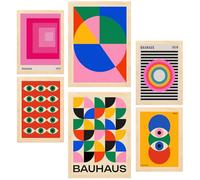 Nacnic Lot de 6 Peinture décorative Formes géométriques Bauhaus couleurs vibrantes Feuille encadrée avec illustration design pour décorer les murs de maison bureau A3 & A4 Cadre en bois clair