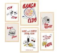 Nacnic Lot de 6 Peinture décorative Illustrations de nourriture et de style pop art Ramen et pâtes Feuille encadrée avec design pour décorer les murs de maison bureau A3 & A4 Cadre en bois clair