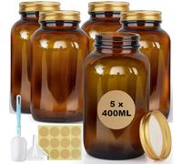 Nadisean 5 x 400ml/13.5oz Bocaux en Verre Hermétique avec Bouchon à vis, Marron Bocaux de Rangement en verre, Pot de Conservation à Large Ouverture avec Étiquette Entonnoir pour Épice, Céréales