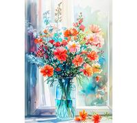 NAIMOER Vase Fleurs Diamond Painting Complet Adulte, 5D Peinture Diamant Fleurs par la Fenêtre Enfants Strass Point de Croix Cristal Cadeau pour Murale Décor 30x40cm