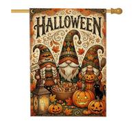 Nain d'Halloween - Décoration de maison - 71 x 101 cm | Feuilles d'automne, drapeau de pelouse, jack-o'-lanternes, chat, bol à bonbons, lanterne vintage, style ferme