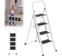 NAIZY Escabeau pliable 4 marches - Escabeau de ménage en acier, marchepieds antidérapants, verrouillage de sécurité, charge maximale 150 kg, escabeau pliable pour cuisine, atelier, bureau, blanc-noir