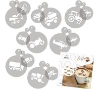 NAKLEO Pochoirs de Décoration Café et Biscuits 14Pcs 7x7 et 11x11cm, Plastique et Réutilisable, Transports Tracteur Camion, Art Artisanat DIY Bricolage, Capuccino Chocolat Gâteau Pâtisserie Cuisson