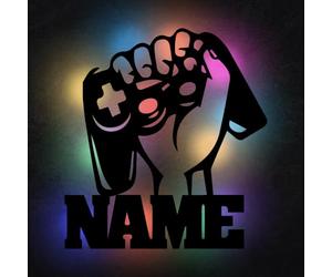 Namofactur Applique murale Gamerfist en noir avec éclairage LED - Décoration murale pour joueurs - Idée cadeau pour les joueurs - Guirlande lumineuse RVB et personnalisable - 31 x 34 cm