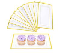 NAMYEUT Lot de 10 Plateaux de Service Rectangulaires en Plastique Avec bord doré, 33 x 20 x 1,5 cm, Réutilisables, blanc, Presentoir Aperitif Buffet, Fruits, à Gâteaux Snacks, Biscuits