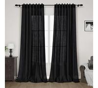 Nanspring Rideaux en lin noir de 304,8 cm de long extra pour salon, avec languette arrière, voilages semi-transparents filtrant la lumière, style ferme moderne, aspect mousseline, décor en coton