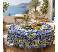 Nappe à motif de carreaux de citron d'Amalfi, housse de table de salle à manger aux agrumes, design en céramique bleue, branches de citron jaune, volutes florales et imprimé de la côte méditerranéenne