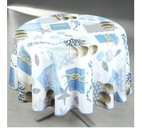 Home Maison - Nappe Anti-Tâche Ronde Motif Bord de Mer - Polyester - Imprimé Marin Coquillages Cordages - Idéale pour Intérieur/Extérieur Couverts - Lavable en Machine - Ø160 cm - Blanc