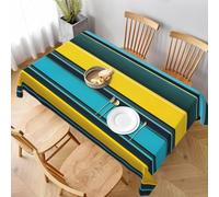 Nappe Carrée 150x150 cm Motif Rayures Bleues et Jaunes 3D Nappe de Table Rayures Tissu Polyester Anti-Taches pour Intérieur Extérieur Jardin Cuisine et Fête 7674v