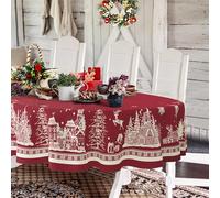 Nappe de Noël ovale 152,4 x 213,4 cm, sapin de Noël, élan, Père Noël, flocon de neige, rouge, nappe de Noël imperméable, infroissable et durable pour vacances, cuisine, hiver et décoration d'intérieur