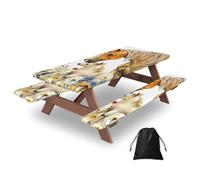 Nappe de pique-nique ajustée avec housses de banc, style ferme, cheval, aquarelle, fleur, nature, élastique, ajustée, imperméable, pour une utilisation en extérieur - 183 cm