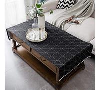 Nappe de table à café avec poches et pompons - Nappe rectangulaire en lin de coton jacquard polyvalente rustique, anti-poussière et anti-rides pour salon, meuble TV, table à manger (Échiquier noir